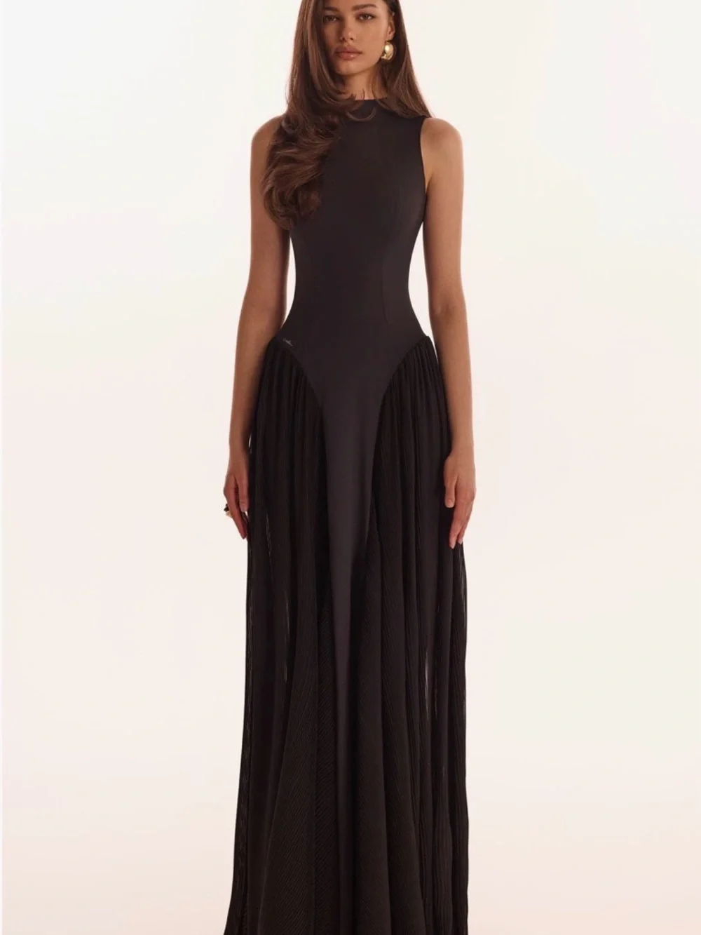 Black Tie Mock Neck Black Maxi Dress with Pleated Panels Formal Wedding Guest - Picture 2 of 7